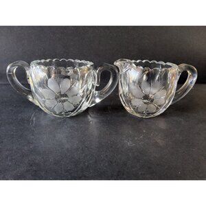 Antique 1800's to 1910 Very Heavy EAPG Chrystal Daisy Etched Creamer n Open Suga